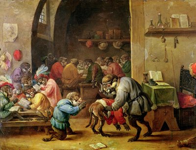 モンキーズ・アット・スクール（油彩） 作： David Teniers the Younger